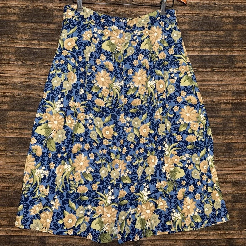 Vintage Sag Harbor Petite Midi Skirt Large Navy Blue Floral Button Front Rayon